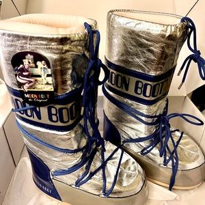 MOON BOOTS - UNISEX ICON METALLIC - SILVER/ ELECTRIC BLUE LACE-UP SNOW BOOTS